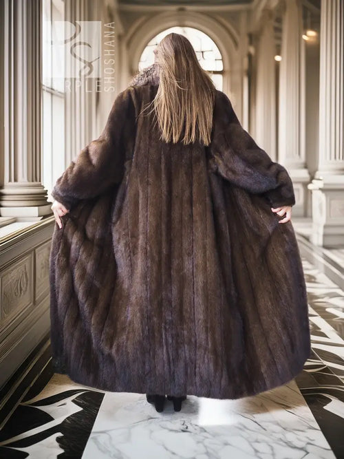 Back view of mahogany-brown full-length mink coat with large fur collar