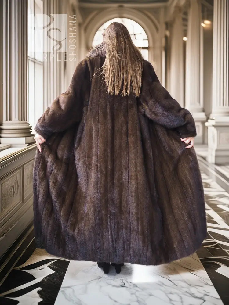 Back view of mahogany-brown full-length mink coat with large fur collar