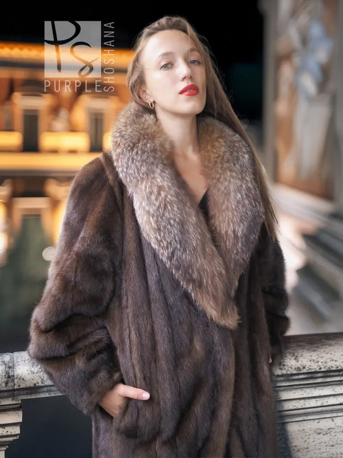 Mahogany-brown full-length mink coat with wide fox-fur style collar