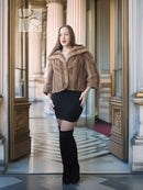 Tan mink fur opera jacket with hood, full front view with long sleeves