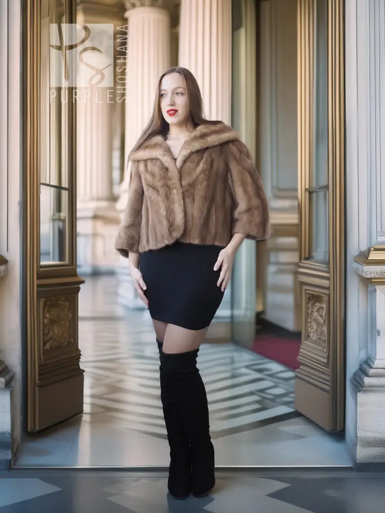 Tan mink fur opera jacket with hood, full front view with long sleeves