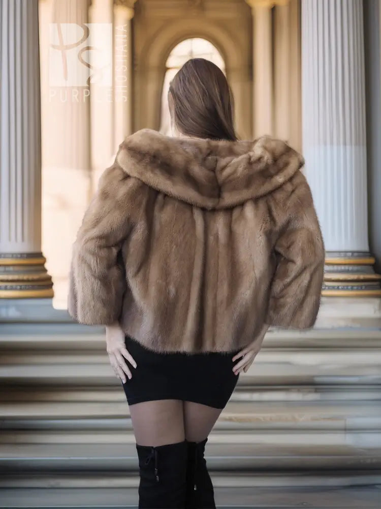 Tan mink fur opera jacket with hood, back view with voluminous sleeves