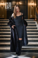 Black mink fur coat, open front with plush cuffs and full-length silhouette.