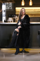 Black mink fur coat, full length, open front with plush collar and long sleeves.