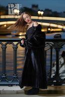 Full-length black mink fur coat, open front and long sleeves in dark plush texture.