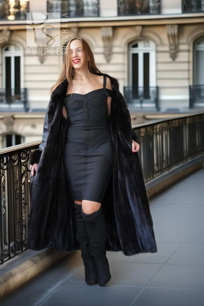 Reversible mink fur coat, dark black full-length with open front and wide fur trim