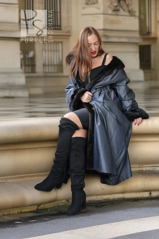 Reversible mink fur coat with satin-like blue-gray finish, fur-trim cuffs and hood