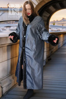 Reversible mink fur coat in blue-gray with button front and black fur-trim cuffs