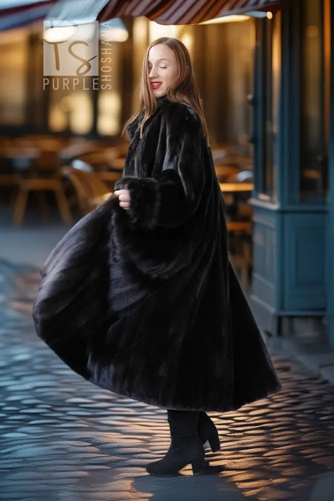 Black mink fur coat shown in motion, full-length open front and plush sleeve cuffs.