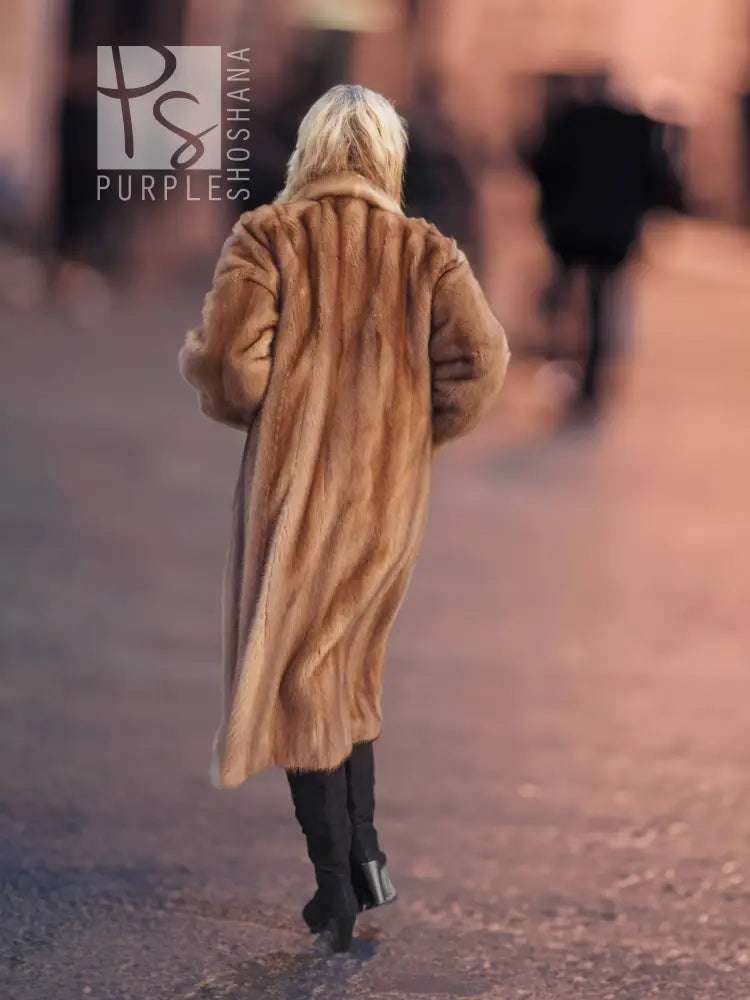 Women’s brown mink fur coat with hood, full-length back view