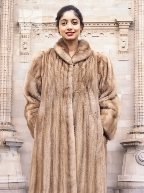 Light brown mink fur coat with hood, front view and zipper-free center seam.