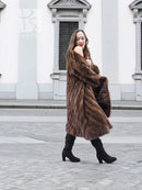 Pastel swing mink fur coat, L/XL, dark brown directional fur texture, front view