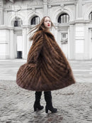 Swing mink fur coat, dark brown directional pattern, flared L/XL