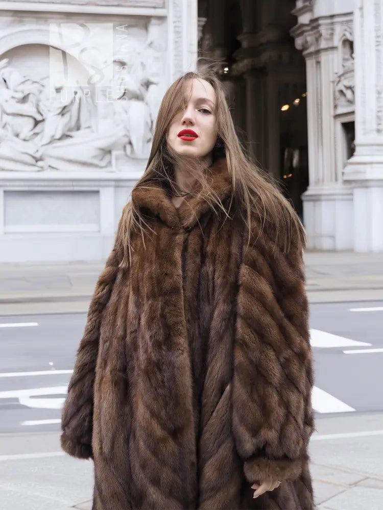 Canadian pastel swing mink fur coat, L/XL, dark brown buttonless front, standing collar