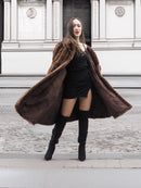 Pastel swing mink fur coat, L/XL, dark brown wide sleeves, swing hem detail