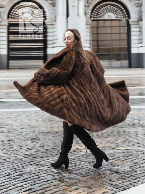 Hooded brown mink fur coat with directional stripes, wide swing silhouette