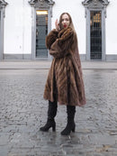 Brown mink fur swing coat with hood, long sleeves, knee-length style