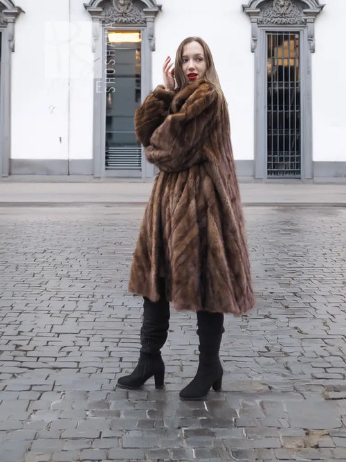 Brown mink fur swing coat with hood, long sleeves, knee-length style