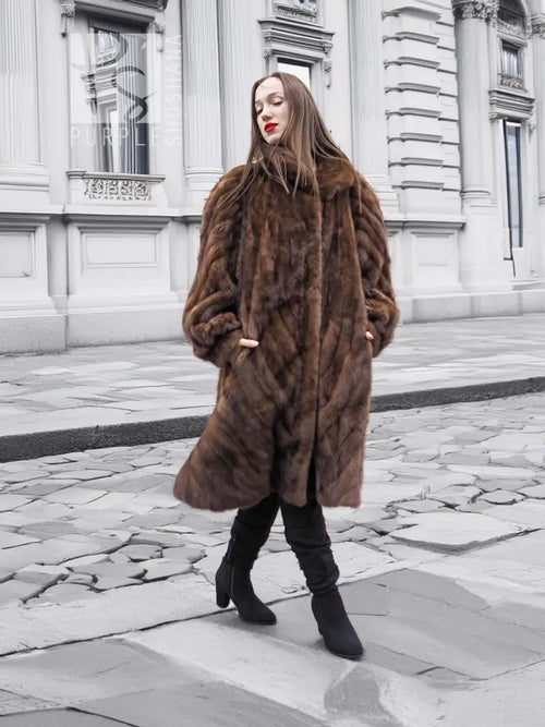 Pastel swing mink fur coat, L/XL, full length dark brown directional pattern, front