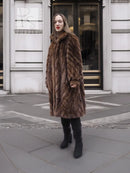 Brown mink fur coat with hood, stand-up collar, straight mid-length fit