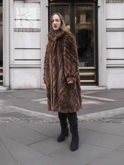 Brown mink fur coat with hood, stand-up collar, straight mid-length fit
