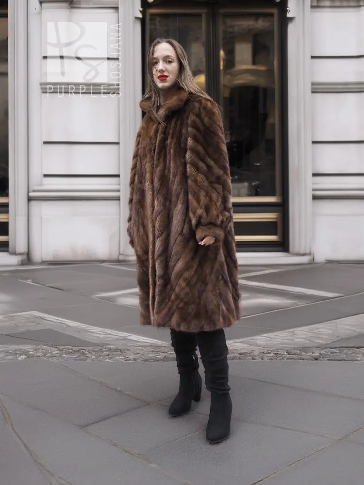 Brown mink fur coat with hood, stand-up collar, straight mid-length fit