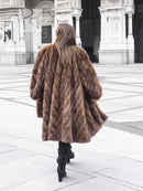 Pastel swing mink fur coat, L/XL, dark brown back silhouette with directional pattern