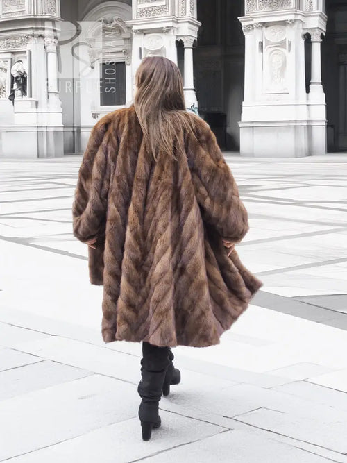Pastel swing mink fur coat, L/XL, dark brown back silhouette with directional pattern