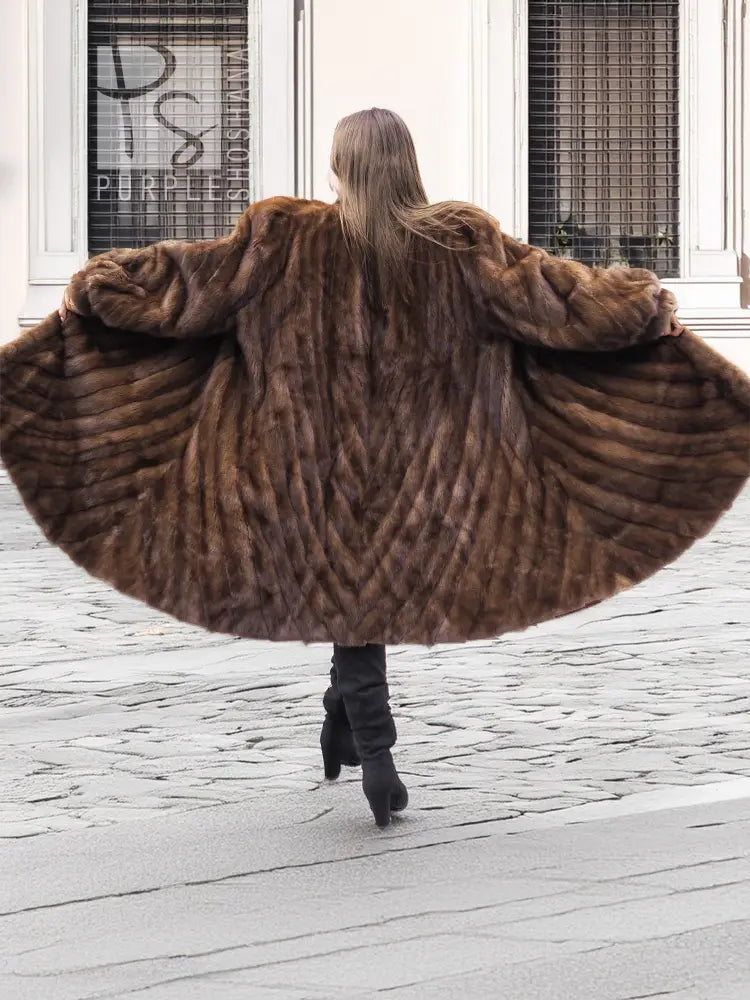 Mink fur swing coat with hood, brown directional stripe texture, back view