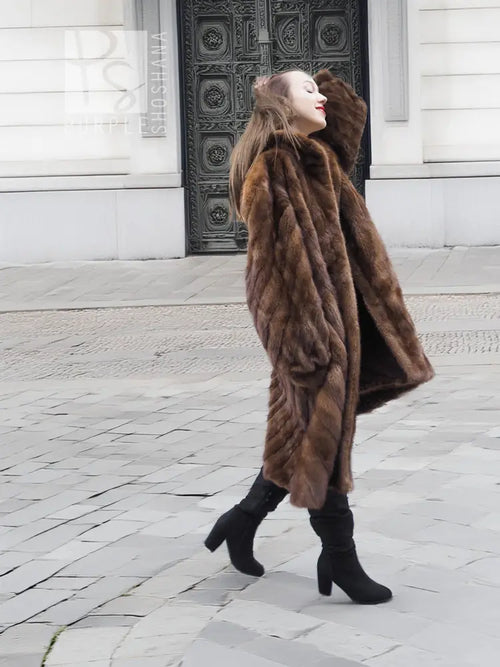 Pastel swing mink fur coat, L/XL, dark brown directional fur, side profile view
