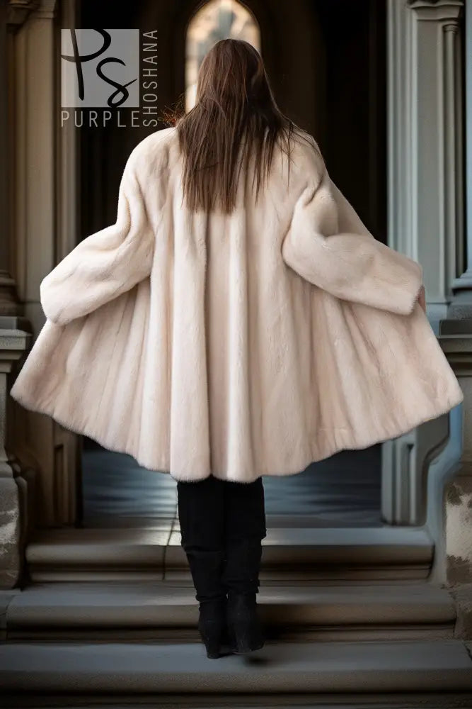 Mink swing coat back view, hooded cream fur, wide flared hem over boots
