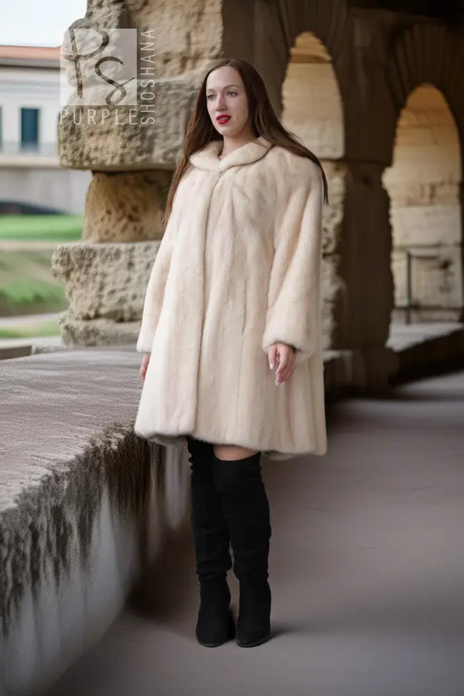 Cream mink coat, three-quarter view with stand collar and flared hem
