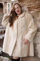 Cream mink coat with soft standing collar and wide, flared swing sleeves