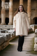 Pearl Arcadia mink coat, cream front view with plush collar and swing hem