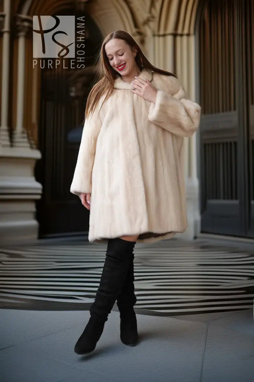 Cream mink coat, front angle with plush collar and slightly flared hem