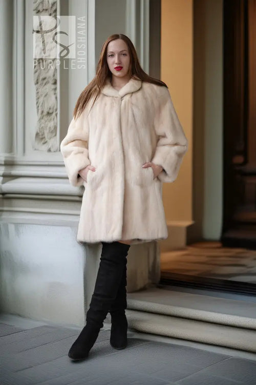 Pearl Mink Coat with swing silhouette, cream color, plush hooded collar and front pockets