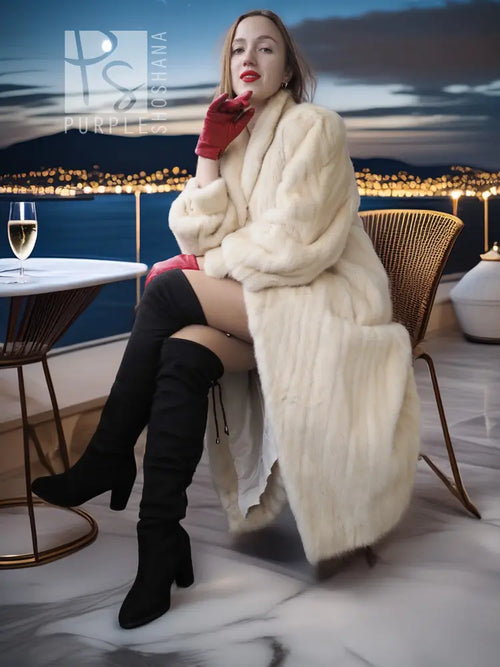 Cream long fur coat with diagonal design, shawl collar, red knit gloves, side pockets.