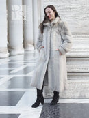 Light gray faux mink long coat with hooded neckline and vertical chevron texture.