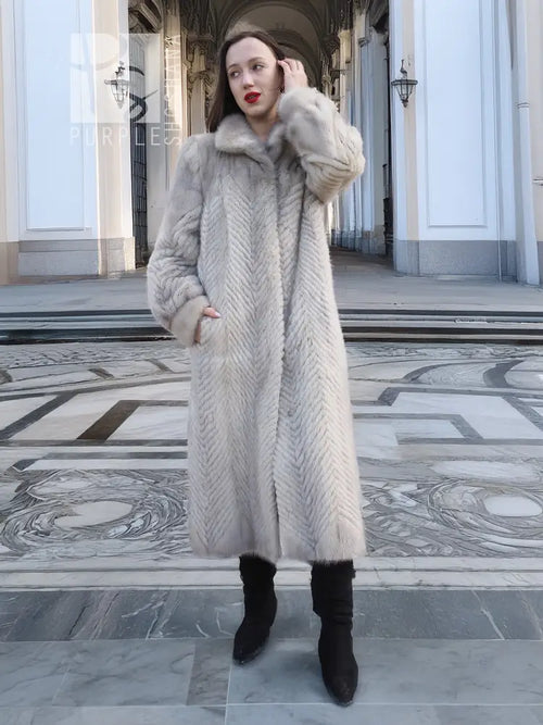 Light gray herringbone mink coat, full-length front view with fur collar