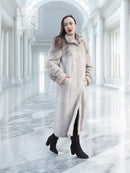 Hooded herringbone mink fur coat in light gray, open front, long midi hem.
