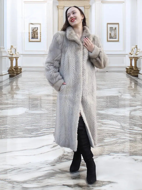 Light gray herringbone mink coat, front view with fur collar and long open front hem