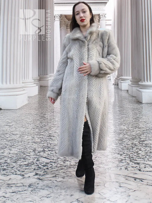 Light gray herringbone mink coat, walking pose with open front and fur collar