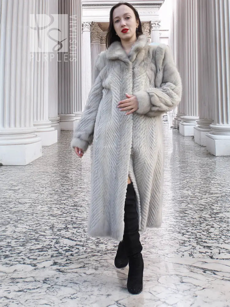 Light gray herringbone mink coat, walking pose with open front and fur collar