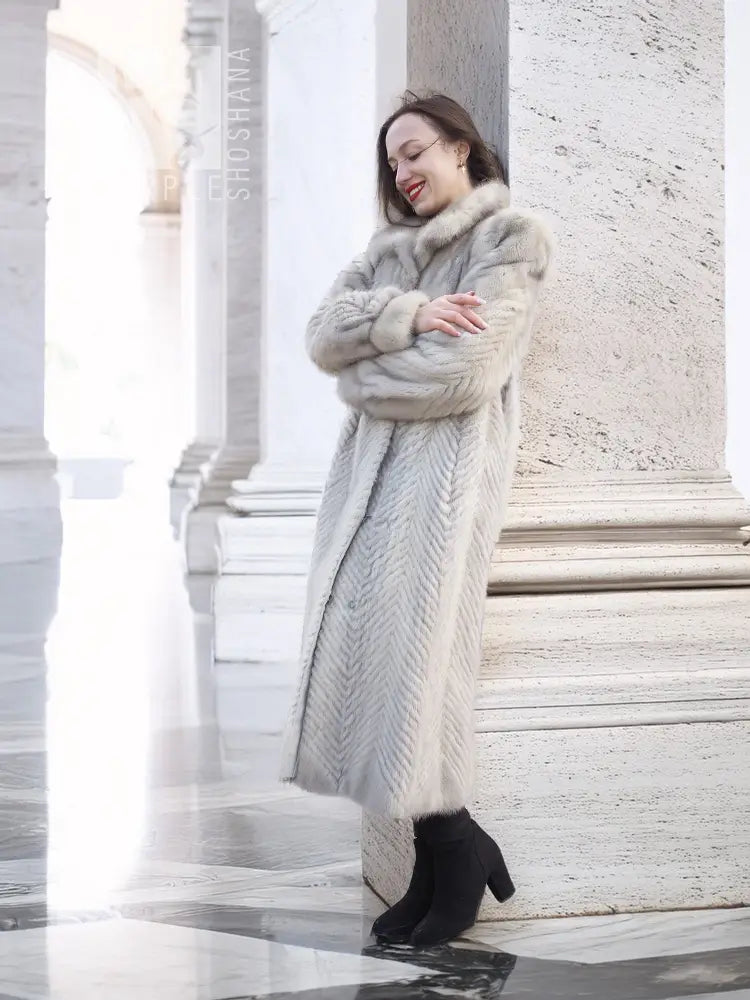 Light gray herringbone mink coat, side view, belted waist detail and fur collar