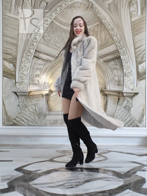 Light gray mink-style long coat with hood and chevron texture, front view.