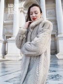 Light gray herringbone mink coat, close-up of fur collar and textured front