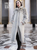 Light gray herringbone mink hooded coat with open front and long sleeves
