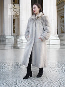 Herringbone mink fur coat with hood, long sleeves, light gray; open front, midi length.