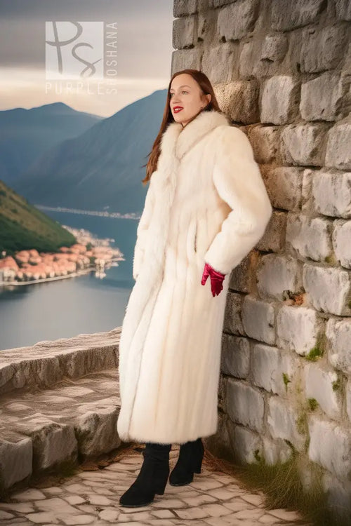 White mink fur coat with fox fur trim, long sleeves and open front, red cuffs