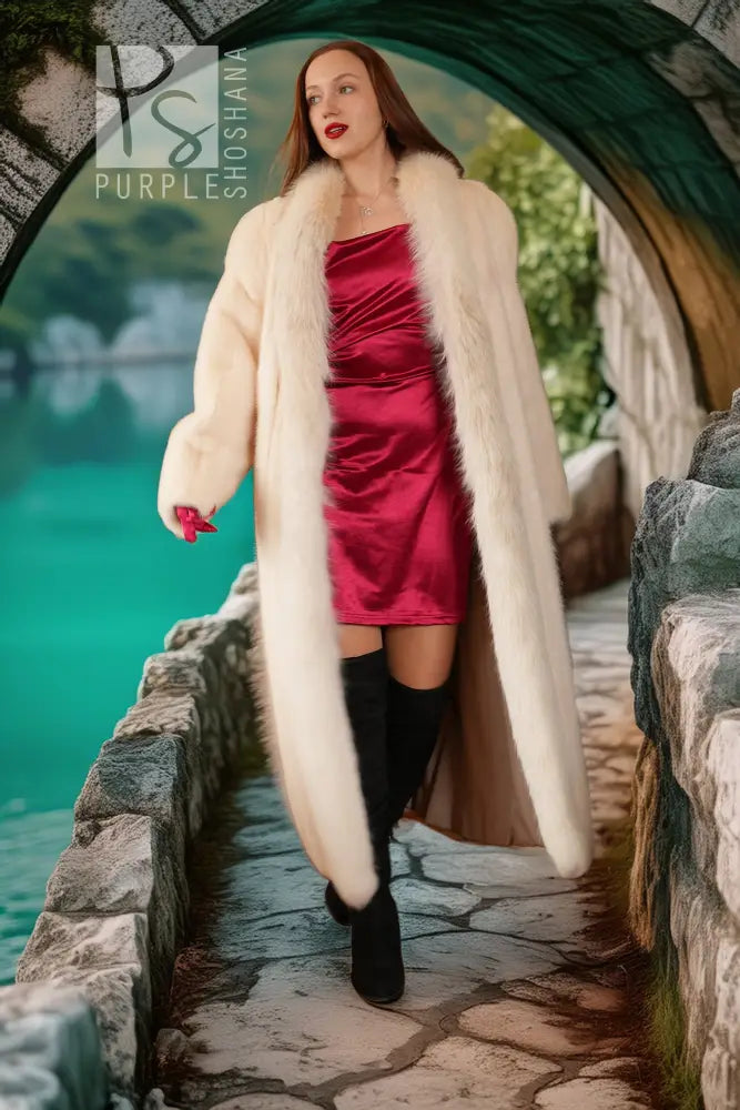 “Perla Sul Mare” —  Exquisite Rare White  Mink Fur Coat With Fox Trim